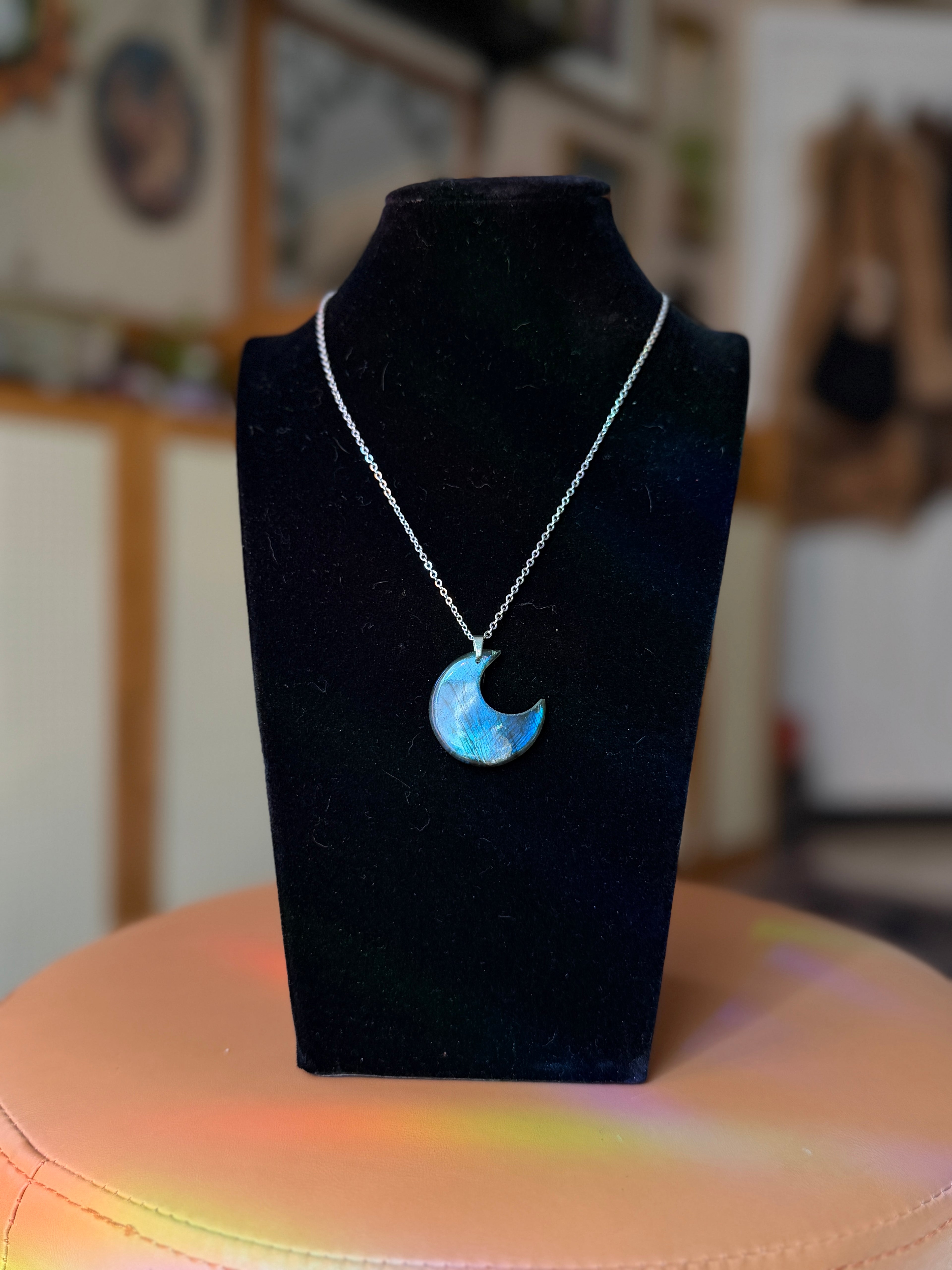 labradorite moon necklace - silver