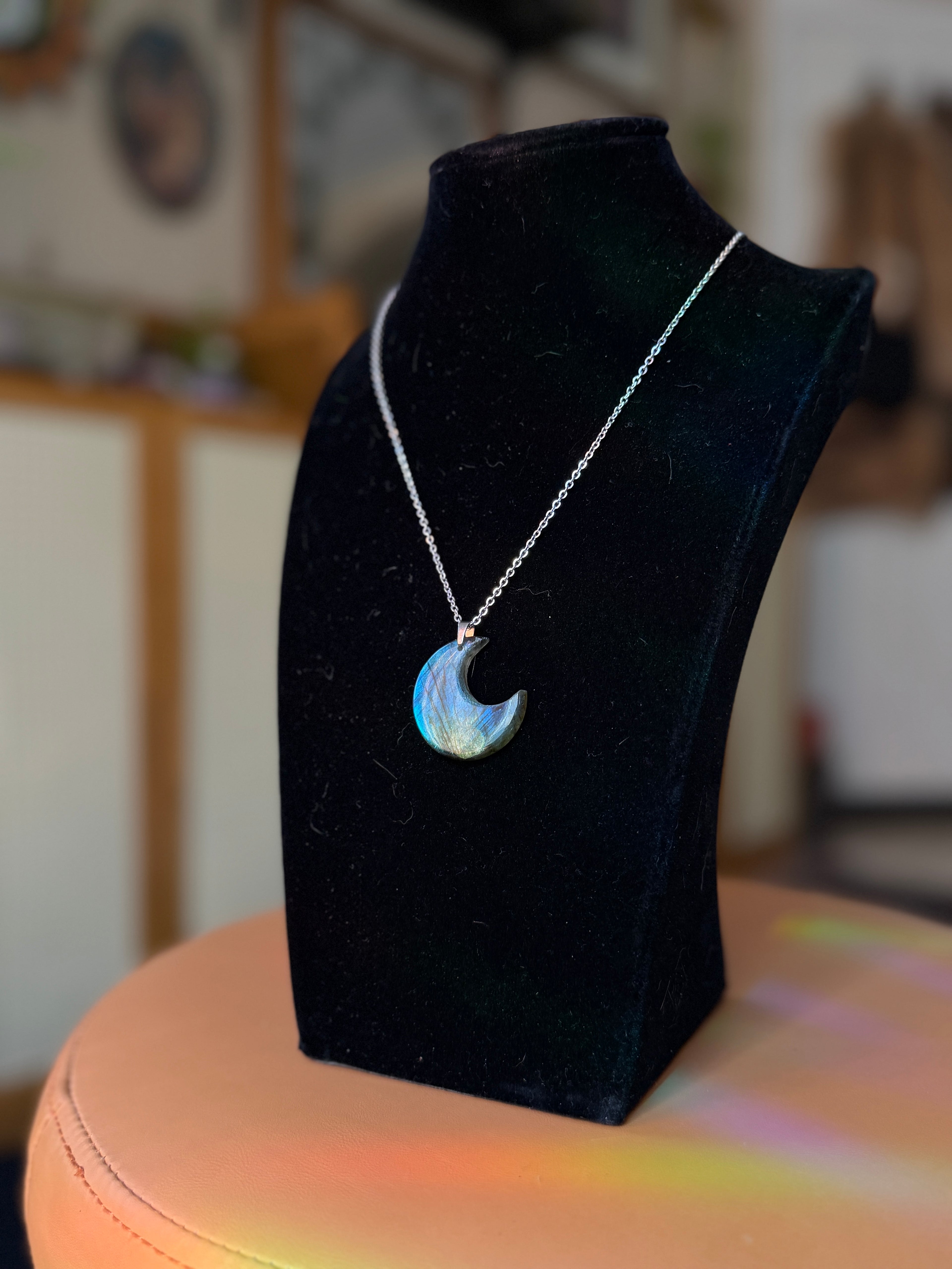 labradorite moon necklace - silver