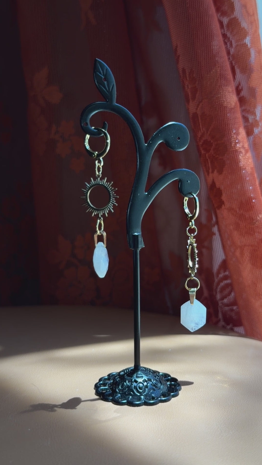 sunburst hex moonstone earrings - gold