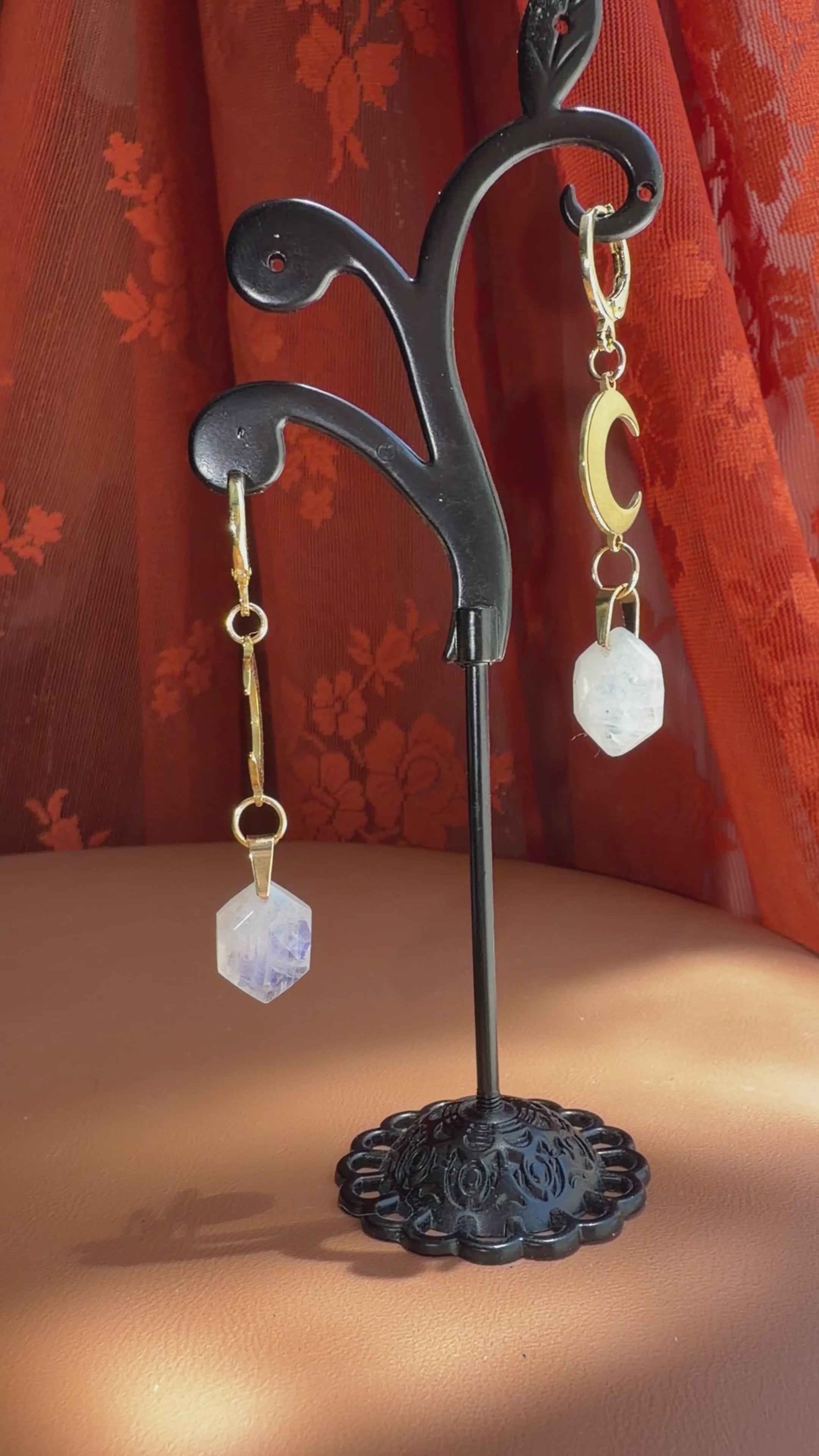 crescent hex moonstone earrings - gold