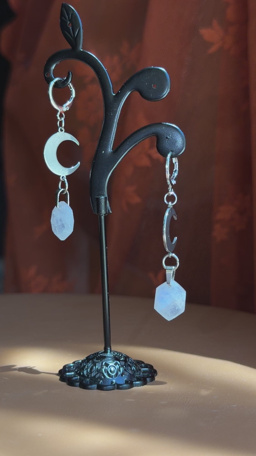 crescent hex moonstone earrings - silver